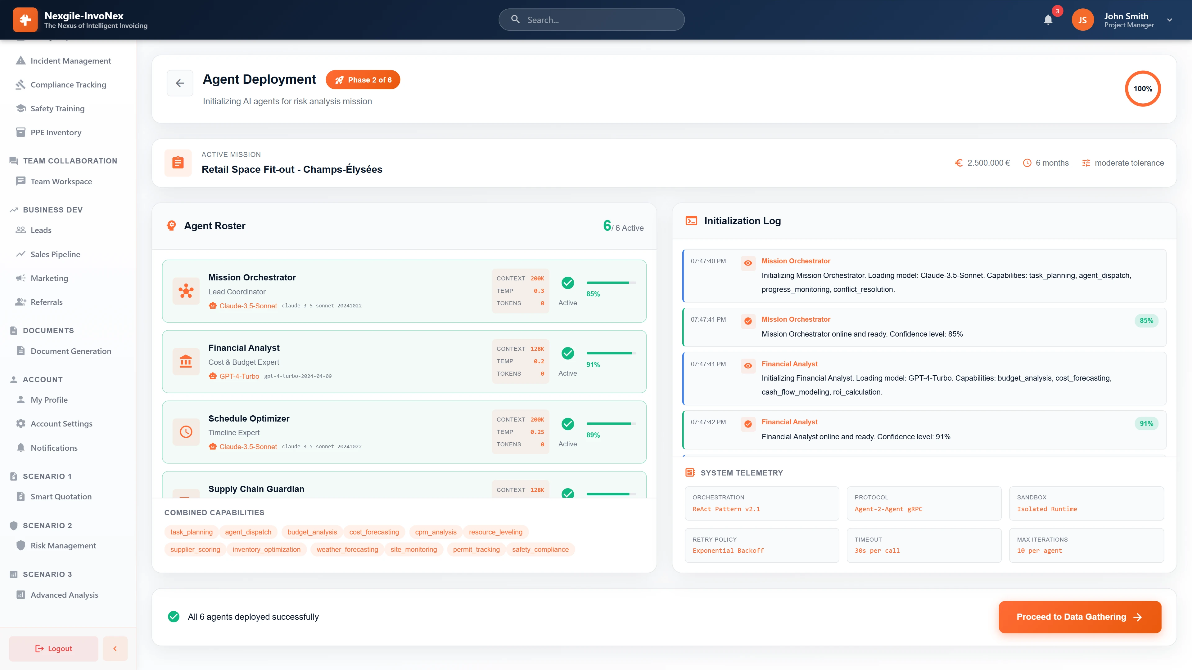 Agent Deployment - 6 AI agents initializing with confidence scores, initialization log showing capabilities, system telemetry with ReAct Pattern v2.1 orchestration.